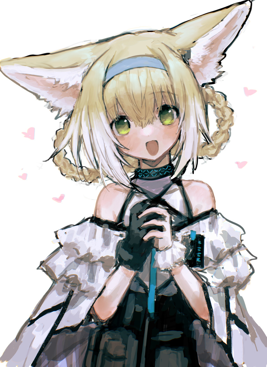 1girl :d absurdres animal_ear_fluff animal_ears arknights bangs bare_shoulders blonde_hair blue_hairband braid eyebrows_visible_through_hair fox_ears green_eyes hair_between_eyes hair_rings hairband hands_up head_tilt heart highres interlocked_fingers looking_at_viewer multicolored_hair own_hands_clasped own_hands_together shirt simple_background smile solo sono_(user_dmxn5534) suzuran_(arknights) twin_braids two-tone_hair upper_body white_background white_hair white_shirt