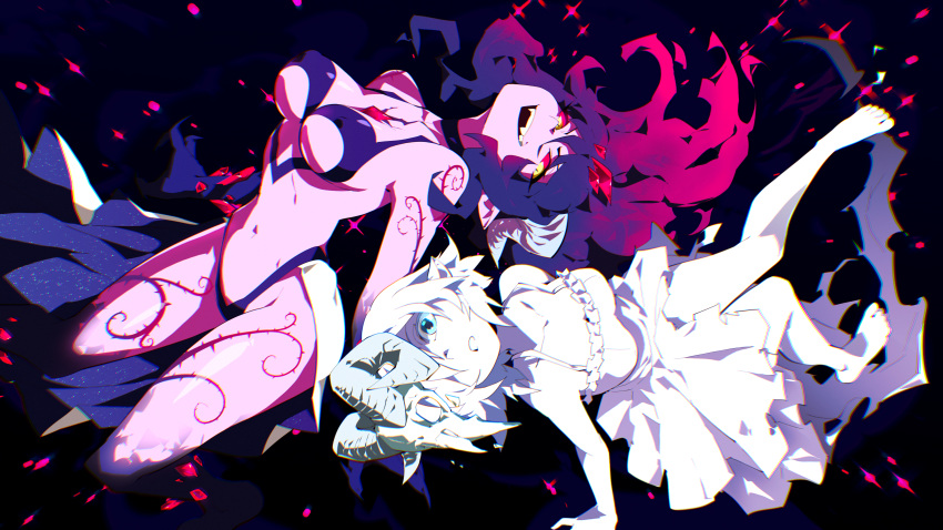 2girls :d absurdres aetherion animal_skull aqua_eyes barefoot breasts chromatic_aberration colored_sclera colored_skin covered_nipples dress fangs full_body ghost_data highres medium_breasts multiple_girls navel pink_skin pointy_ears purple_hair red_sclera redhead sleeveless sleeveless_dress smile tattoo white_dress white_hair white_skin yellow_eyes