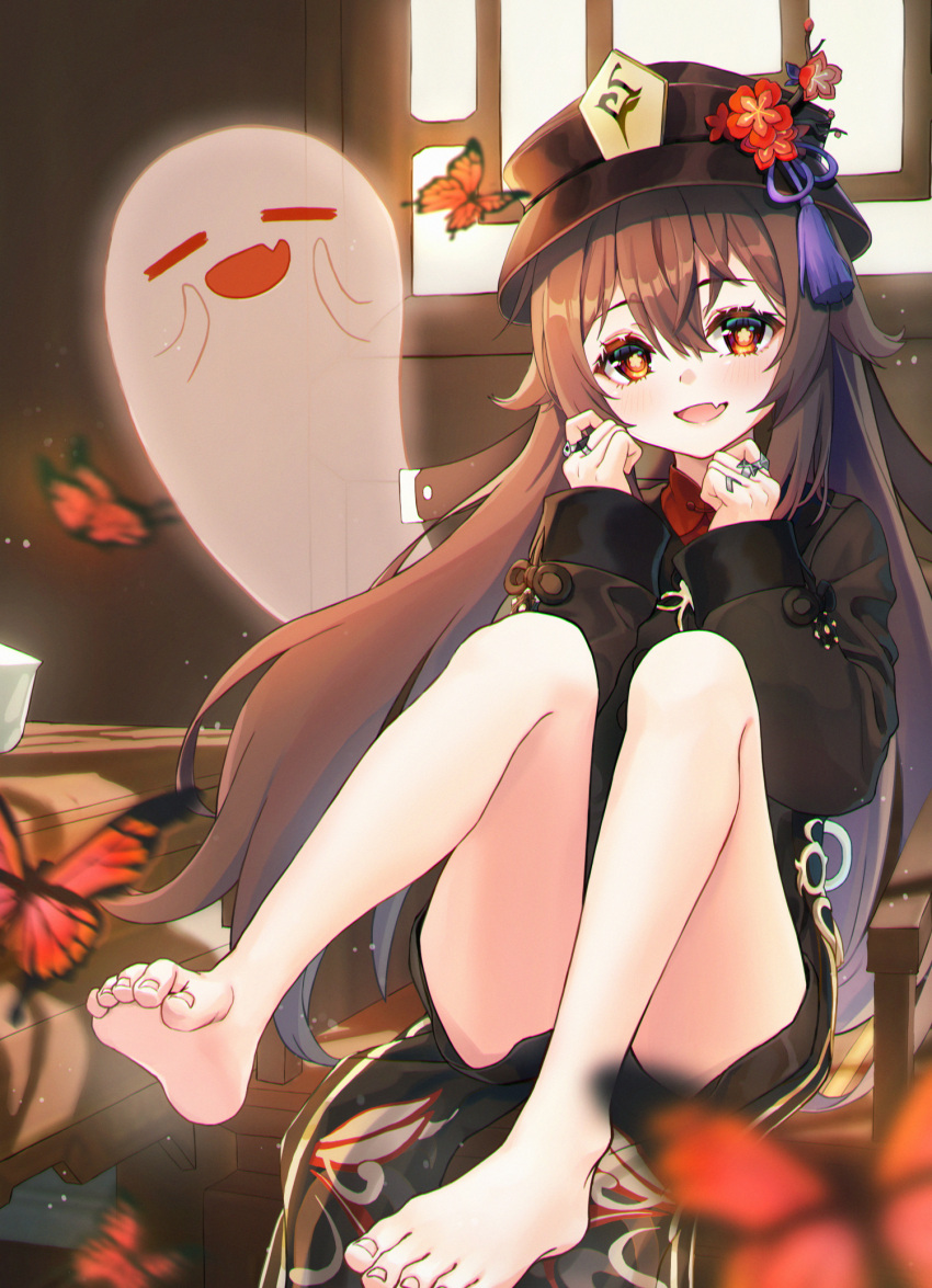 1girl :d architecture armchair bangs bare_legs barefoot black_shorts blurry brown_hair bug butterfly chair chinese_clothes commentary depth_of_field desk east_asian_architecture error eyebrows_visible_through_hair feet flower genshin_impact ghost hair_between_eyes hat hat_flower hat_ornament highres hu_tao_(genshin_impact) hue jewelry knees_together_feet_apart knees_up long_hair long_sleeves looking_at_viewer orange_eyes ring short_shorts shorts sidelocks sitting smile soles solo symbol-shaped_pupils thighs toes twintails wide_sleeves window