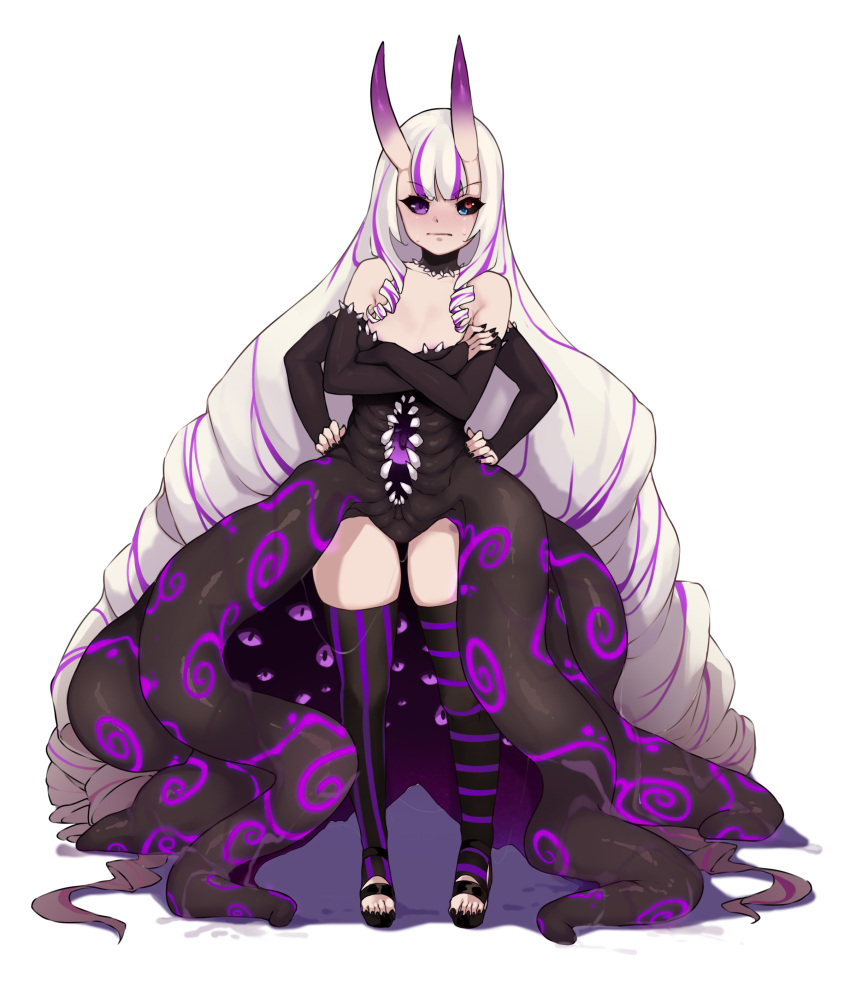 1girl absurdly_long_hair absurdres asymmetrical_legwear bangs bare_shoulders black_legwear black_nails blue_eyes crossed_arms demon english_commentary extra_ears extra_pupils flat_chest full_body hands_on_hips heterochromia highres horns long_hair monster_girl multicolored_hair original purple_hair purple_legwear red_eyes sandals skin-covered_horns solo standing streaked_hair striped striped_legwear thigh-highs todding vertical-striped_legwear vertical_stripes very_long_hair violet_eyes white_background white_hair