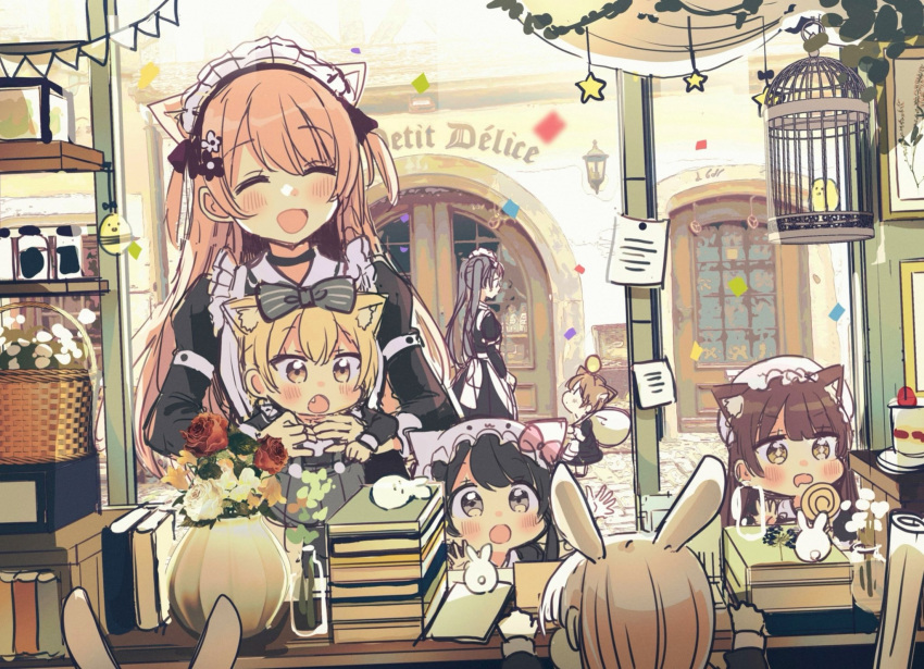 6+girls :d ^_^ animal apron bird birdcage black_choker black_dress black_hair blonde_hair blush brown_eyes brown_hair cage candy choker closed_eyes collared_dress commentary_request door dress drooling fang flower food grey_skirt hat highres juliet_sleeves lifting_person lollipop long_hair long_sleeves maid maid_apron maid_headdress minigirl mob_cap mouth_drool multiple_girls original pennant pleated_skirt puffy_sleeves red_flower red_rose rose sakura_oriko skirt smile standing star_(symbol) string_of_flags suspender_skirt suspenders swirl_lollipop twintails two_side_up vase very_long_hair wall_lamp white_apron white_flower white_headwear white_rose