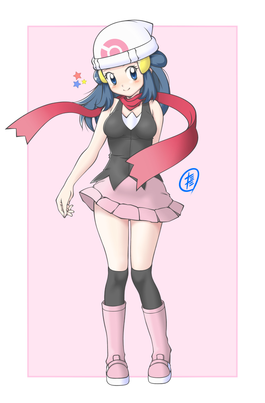 1girl absurdres bare_arms beanie black_legwear black_shirt blue_eyes blue_hair blush boots breasts closed_mouth commentary_request eyelashes floating_scarf full_body hair_ornament hairclip hat highres hikari_(pokemon) long_hair over-kneehighs pink_footwear pink_skirt pokemon pokemon_(game) pokemon_dppt red_scarf scarf shirt signature skirt sleeveless sleeveless_shirt smile solo standing star_(symbol) tax2rin thigh-highs white_headwear