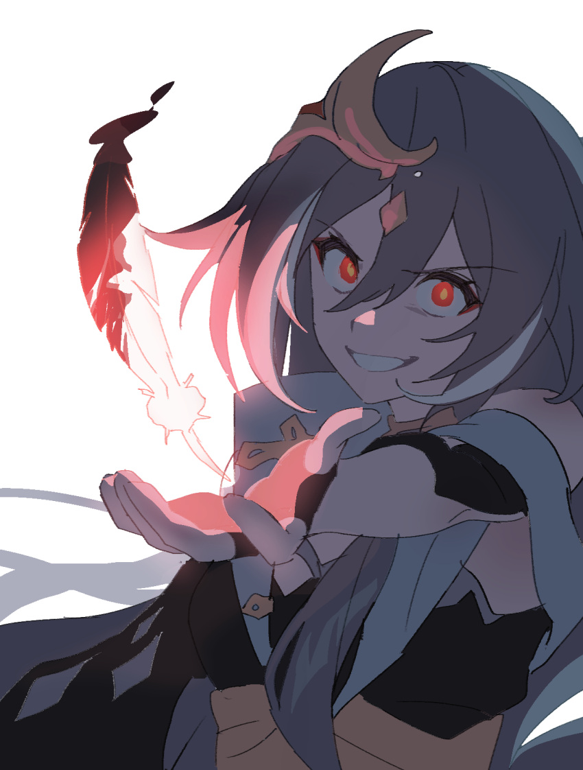 1girl :d bangs black_gloves black_hair china_dress chinese_clothes dress evil_grin evil_smile feathers fingerless_gloves fu_hua fu_hua_(herrscher_of_sentience) gloves glowing grin hair_between_eyes highres hm_mono honkai_(series) honkai_impact_3rd looking_at_viewer open_mouth red_eyes simple_background smile solo teeth v-shaped_eyebrows white_background