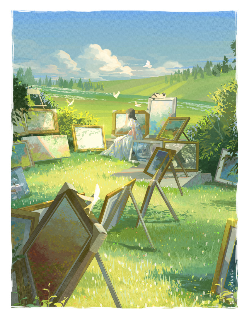 1girl absurdres bird border brown_hair clouds dress easel field grass hand_on_lap highres hill medium_hair morncolour original painting_(object) scenery sitting solo sparkle tree white_border white_dress