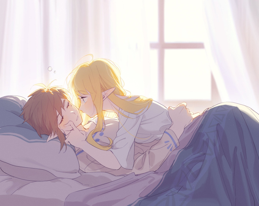 1boy 1girl backlighting bangs bed blonde_hair blue_eyes brown_hair closed_eyes closed_mouth commentary_request day dress eyebrows_visible_through_hair hair_between_eyes hand_on_another's_face hand_on_another's_hip highres indoors link long_hair long_sleeves looking_at_another lying lying_on_person pillow pointy_ears princess_zelda shikiri shirt short_hair sidelocks sleeping sunlight teeth the_legend_of_zelda the_legend_of_zelda:_skyward_sword white_background white_dress white_shirt window