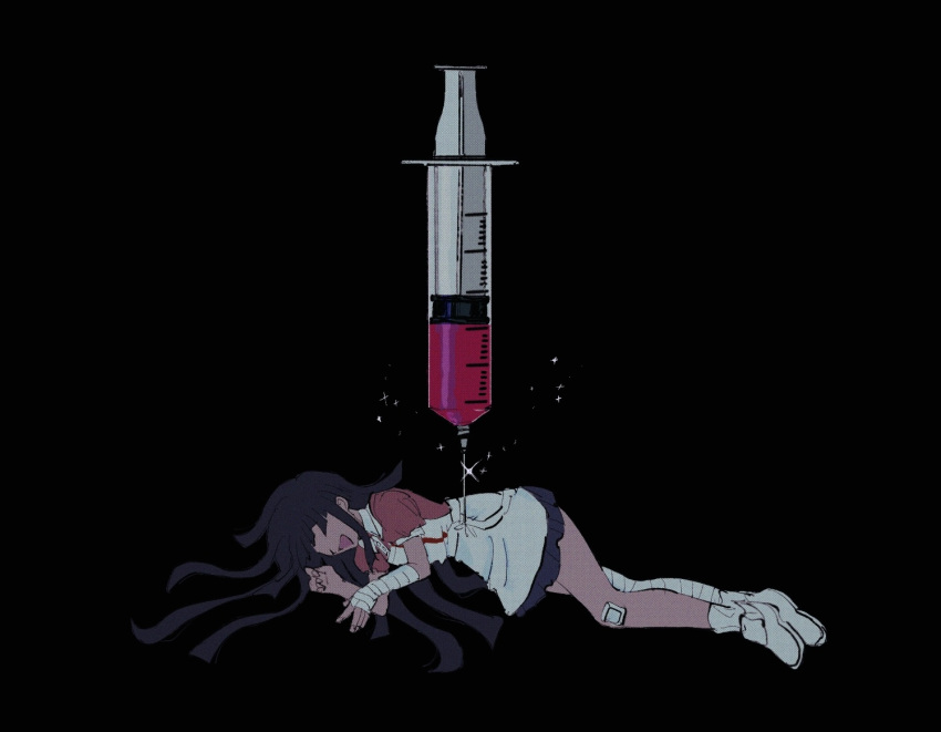 1girl :d apron bandaged_arm bandaged_leg bandages bandaid bandaid_on_knee bandaid_on_leg bangs black_background black_hair blood commentary_request danganronpa_(series) danganronpa_2:_goodbye_despair long_hair lying needle no_eyes no_mole on_side open_mouth oversized_object pink_blood sema_(vivaviva_02) shoes short_sleeves simple_background smile solo sparkle symbol-only_commentary syringe tsumiki_mikan white_apron white_footwear