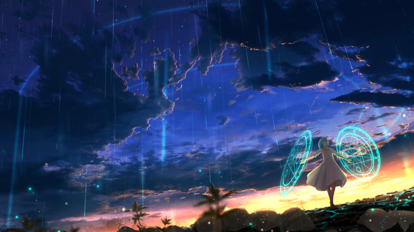 1girl absurdres adsuger barefoot blue_hair closed_eyes clouds dress highres magic_circle medium_hair original outstretched_arms plant rain rock scenery short_sleeves sky solo spread_arms star_(sky) sunset tiptoes white_dress