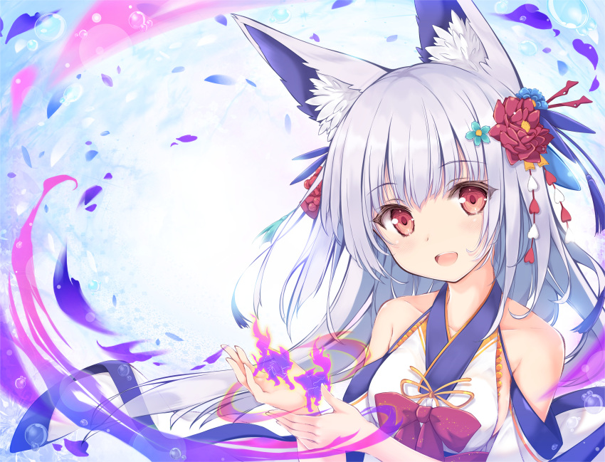 1girl :d absurdres animal_ear_fluff animal_ears bangs bare_shoulders blue_flower blush bow breasts detached_sleeves eyebrows_visible_through_hair flower fox_ears hair_flower hair_ornament highres japanese_clothes kimono long_hair long_sleeves medium_breasts open_mouth original petals red_bow red_eyes red_flower sidelocks silver_hair sleeveless sleeveless_kimono smile solo teeth tenmu_shinryuusai upper_body upper_teeth white_kimono white_sleeves