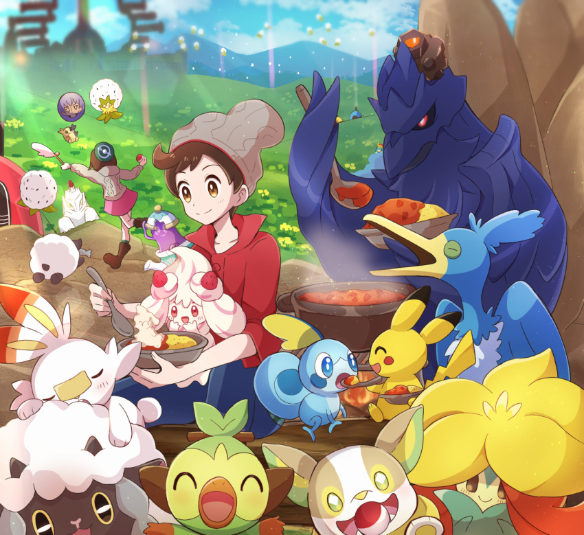 1boy 1girl alcremie alcremie_(strawberry_sweet) beanie blurry bowl brown_eyes brown_hair cable_knit cardigan character_print closed_mouth clouds corviknight cramorant curry day dress duraludon eating eldegoss feeding food gloria_(pokemon) gossifleur green_headwear grey_cardigan grey_headwear grookey haru_(haruxxe) hat holding holding_bowl holding_spoon hooded_cardigan leon_(pokemon) morpeko morpeko_(full) outdoors pikachu pink_dress pokemon pokemon_(creature) pokemon_(game) pokemon_swsh polteageist red_shirt rice rolycoly scorbunny shirt short_hair sitting sky sleeves_rolled_up smile sobble spoon steam tam_o'_shanter victor_(pokemon) wooloo yamper
