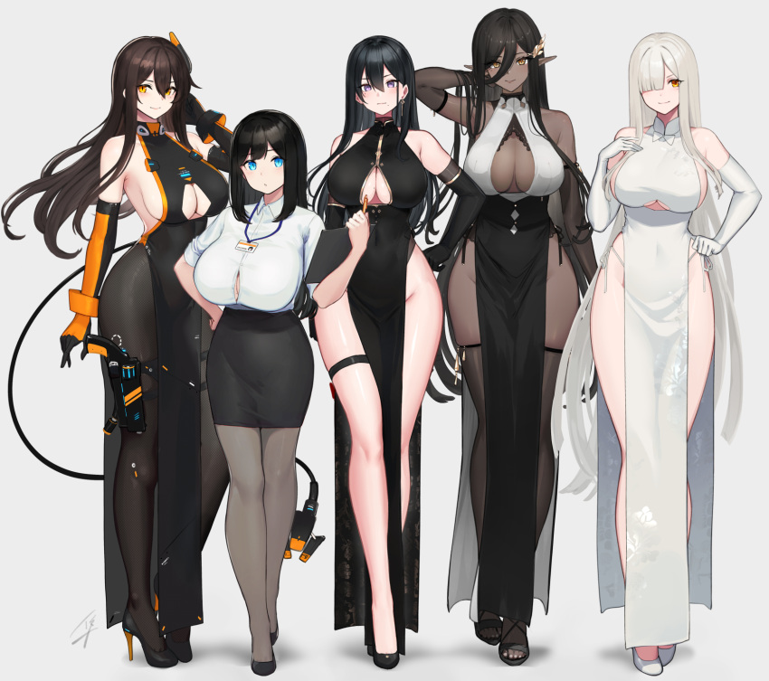 5girls black_dress black_footwear black_gloves black_hair black_legwear blue_eyes breasts button_gap cleavage_cutout closed_mouth clothing_cutout commentary dark_skin dress elbow_gloves full_body gloves grey_background grey_legwear hair_between_eyes hair_over_one_eye hayabusa highres large_breasts leg_garter legs long_hair looking_at_viewer multiple_girls orange_eyes orange_gloves original pantyhose pointy_ears simple_background smile standing thighs two-tone_gloves underboob_cutout violet_eyes white_dress white_footwear white_gloves yellow_eyes