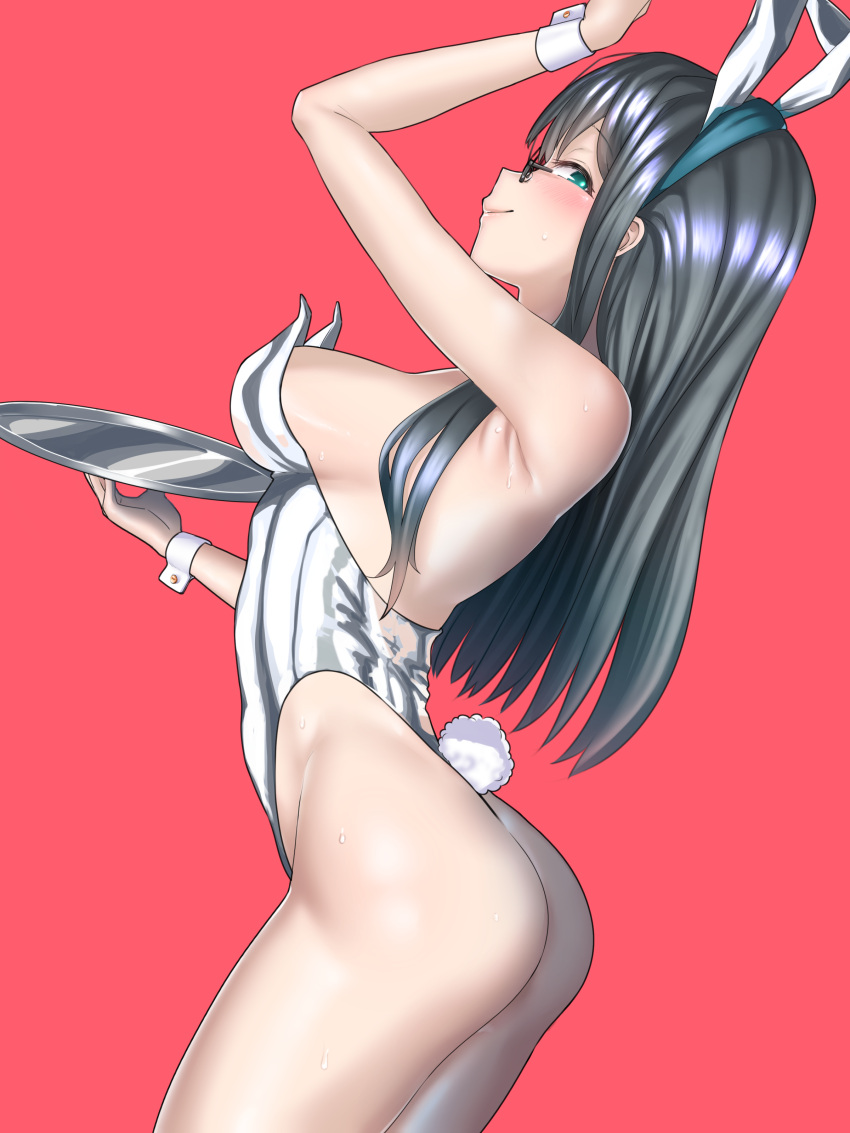 1girl absurdres animal_ears bare_legs black_hair breasts check_commentary commentary_request cowboy_shot glasses green_eyes highres kantai_collection leotard long_hair looking_at_viewer ooyodo_(kancolle) playboy_bunny profile rabbit_ears rabbit_tail red_background reizou silver_leotard simple_background small_breasts solo standing tail thong_leotard tray wrist_cuffs