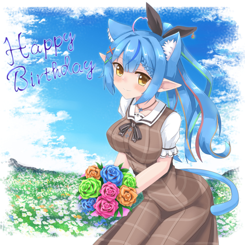 1girl ahoge animal_ear_fluff animal_ears bangs black_bow black_ribbon blue_flower blue_hair blue_rose blush bouquet bow braid braided_bangs breasts brown_dress brown_eyes brown_hair brown_rose cat_ears cat_girl cat_tail collarbone commentary_request day dress eyebrows_visible_through_hair field flower flower_field fuyuki8208 green_flower green_hair green_rose hair_between_eyes hair_ornament hair_ribbon hairclip happy_birthday heart_ahoge highres holding holding_bouquet hololive long_hair medium_breasts multicolored_hair plaid plaid_dress pointy_ears ponytail puffy_short_sleeves puffy_sleeves purple_flower purple_rose ribbon rose shirt short_sleeves sleeveless sleeveless_dress solo streaked_hair tail very_long_hair virtual_youtuber white_flower white_shirt x_hair_ornament yukihana_lamy