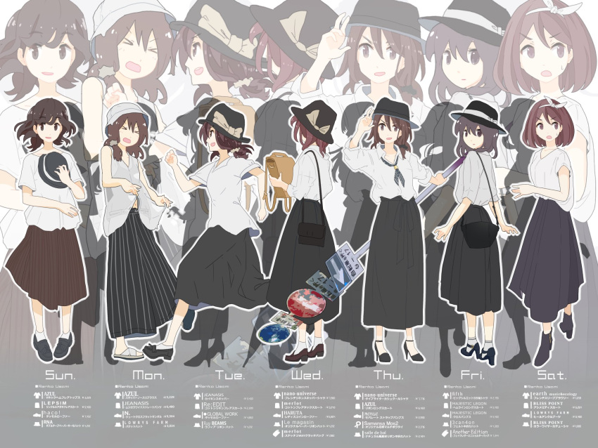 &gt;_&lt; 1girl bag black_footwear black_headwear bow bow_hairband brown_eyes brown_hair brown_skirt character_name from_behind full_body hairband hat hat_bow hat_on_chest high_heels highres holding holding_bag holding_clothes holding_pole long_skirt long_sleeves looking_at_viewer multiple_persona open_mouth pole road_sign salute sanddals shirt short_sleeves sign skirt sleeveless smile standing sunning sweatdrop tokoroten_(hmmuk) touhou turning_around usami_renko week white_bow white_footwear white_headwear white_legwear white_shirt