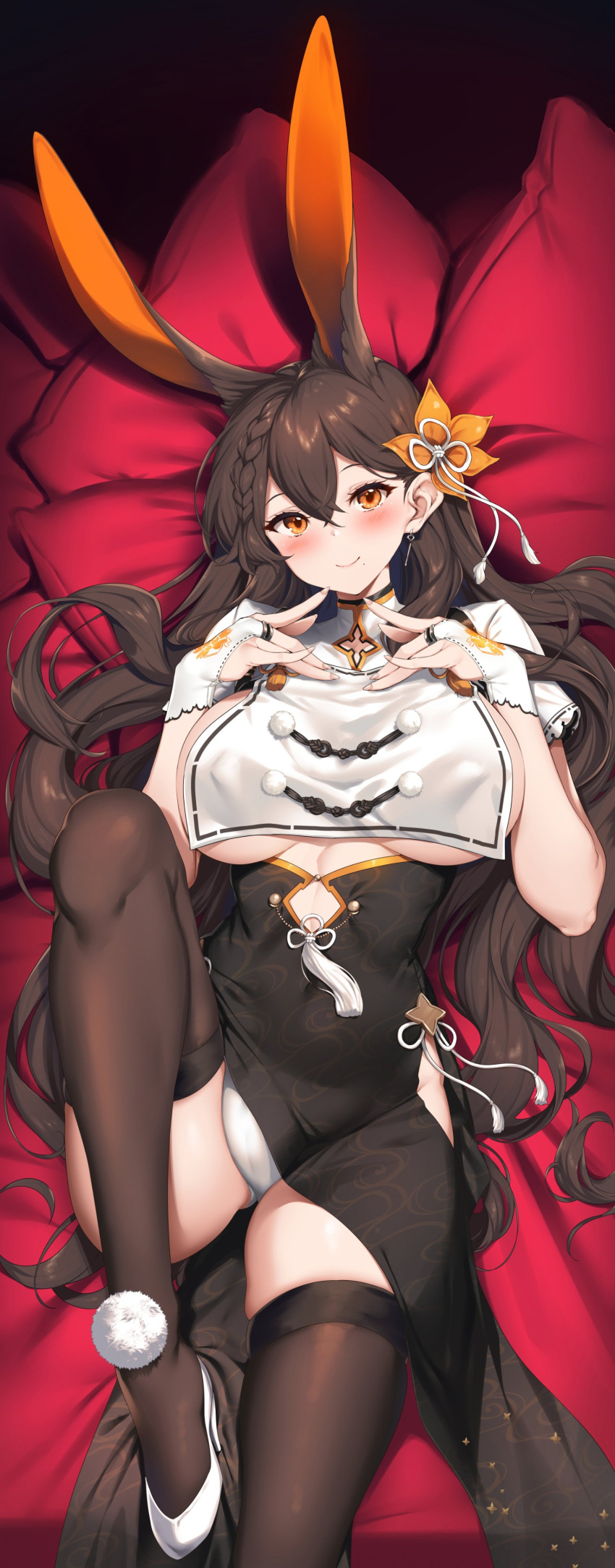 1girl absurdres animal_ears azur_lane bangs black_legwear black_skirt blush braid breasts brown_hair chikuma_(azur_lane) commission extra_ears hair_between_eyes hair_ornament highres large_breasts long_hair looking_at_viewer lying mole mole_under_mouth on_back orange_eyes pleated_skirt rabbit_ears raiou sideboob skeb_commission skirt smile solo thigh-highs thighs