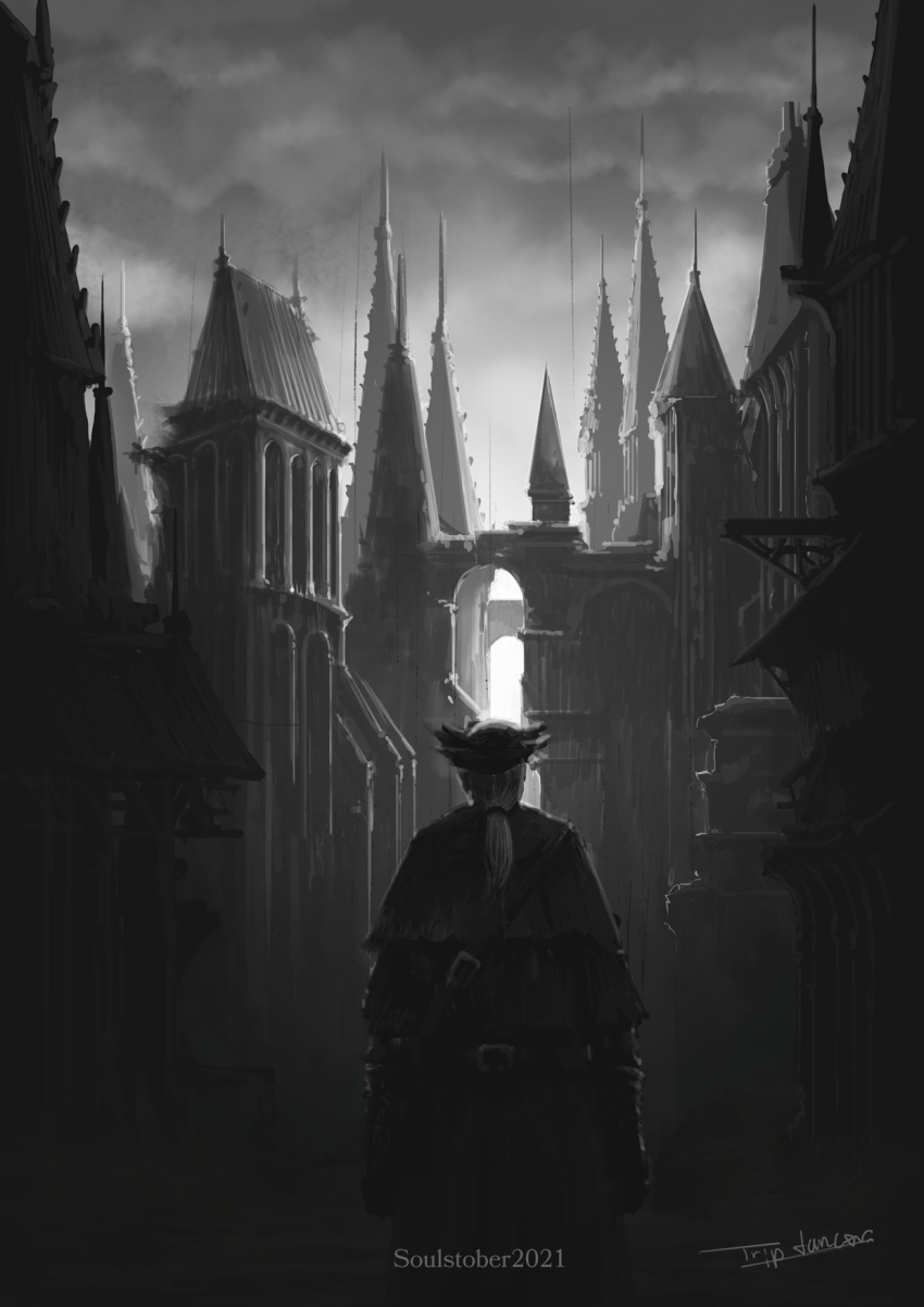1other ambiguous_gender artist_name belt bloodborne capelet city clouds cloudy_sky coat commentary_request from_behind gloves greyscale hat highres hunter_(bloodborne) long_hair monochrome outdoors ponytail scenery sky tricorne tripdancer