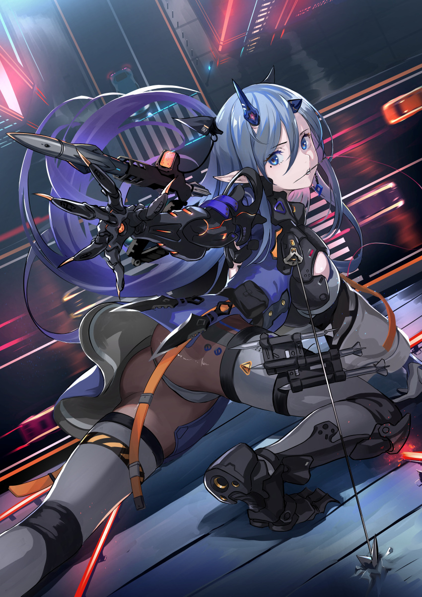 1girl absurdres android asagon007 ass blue_eyes blue_hair breasts grey_legwear headgear highres large_breasts long_hair mechanical_arms original panties pointy_ears science_fiction solo thigh-highs underwear white_panties
