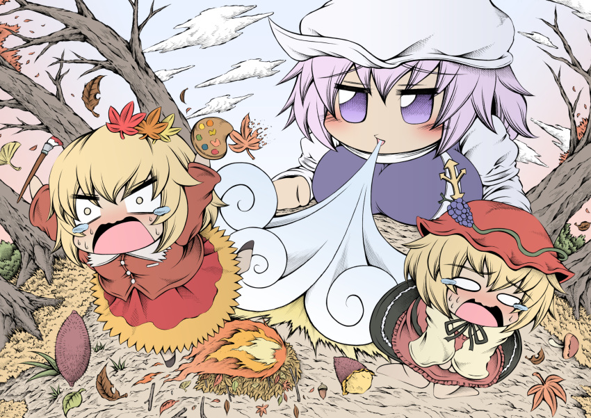 3girls aki_minoriko aki_shizuha autumn_leaves bangs barefoot blonde_hair blowing blue_sky blush branch breasts brooch buttons campfire crying crying_with_eyes_open day dress fire food frilled_dress frills fruit_hat_ornament giant giantess grape_hat_ornament grass hair_ornament hat hidefu_kitayan highres jewelry large_breasts leaf_hair_ornament letty_whiterock long_sleeves medium_breasts mob_cap multiple_girls orange_eyes orange_shirt orange_skirt outstretched_arms paintbrush palette_(object) purple_hair scared shirt short_hair siblings sisters skirt sky solid_oval_eyes sweat sweating_profusely sweet_potato tears touhou tree twig violet_eyes white_headwear wing_collar yellow_shirt