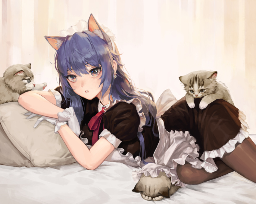 1girl absurdres animal animal_ears apron bangs blue_hair brown_dress brown_legwear cat cat_ears collared_dress dress earrings english_commentary frilled_dress frills gloves green_eyes grey_apron grey_gloves highres indoors jewelry looking_at_viewer lying maid maid_headdress neck_ribbon original pantyhose parted_lips pillow puffy_short_sleeves puffy_sleeves red_ribbon ribbon short_sleeves solo sub_chon9 waist_apron