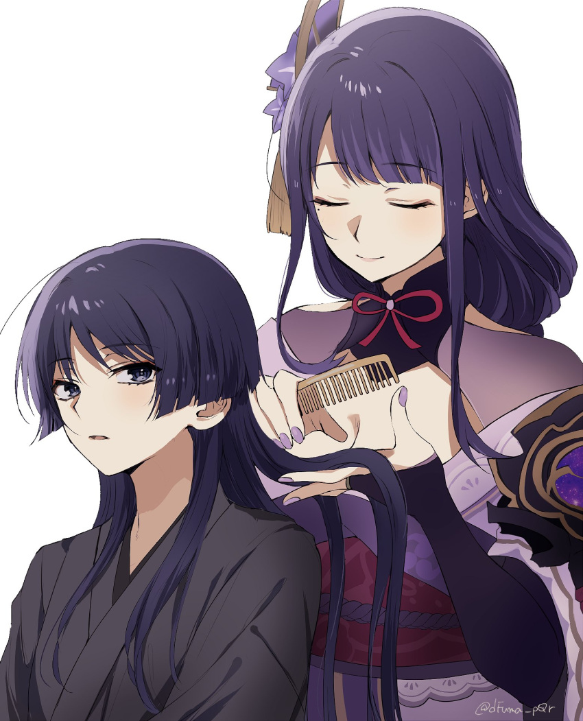 1boy 1girl alternate_hairstyle bangs blue_eyes blunt_bangs brushing_another's_hair closed_eyes comb combing commentary dfuma_pqr genshin_impact grey_background hair_ornament highres holding holding_comb japanese_clothes kimono long_hair mole mole_under_eye obi obijime parted_lips purple_hair purple_kimono purple_nails raiden_shogun sash scaramouche_(genshin_impact) simple_background smile twitter_username upper_body yukata