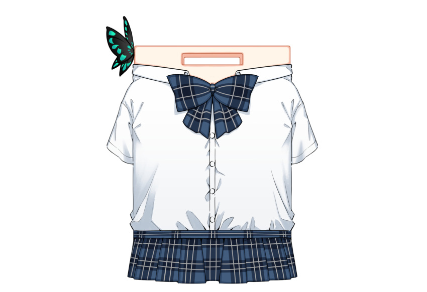 blue_bow blue_bowtie blue_skirt bow bowtie butterfly_hair_ornament cutting_board dress_shirt flat_chest_joke hair_ornament highres hololive no_humans objectification official_alternate_costume plaid plaid_bow plaid_bowtie plaid_skirt pleated_skirt shirt short_sleeves simple_background skirt symbol-only_commentary tenbin_gashira uruha_rushia virtual_youtuber white_background white_shirt