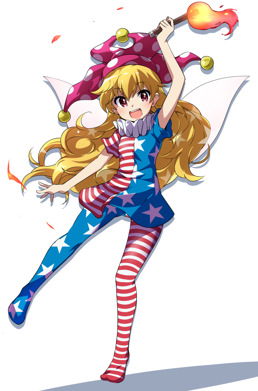1girl absurdres american_flag_dress american_flag_legwear arm_up blonde_hair clownpiece dress eyebrows_visible_through_hair fairy_wings fire full_body hat highres holding holding_torch jester_cap long_hair looking_at_viewer moon neck_ruff open_mouth pantyhose pink_headwear polka_dot red_eyes short_dress short_sleeves simple_background smile solo star-shaped_pupils star_(symbol) star_print striped symbol-shaped_pupils tokiani torch touhou very_long_hair white_background wings