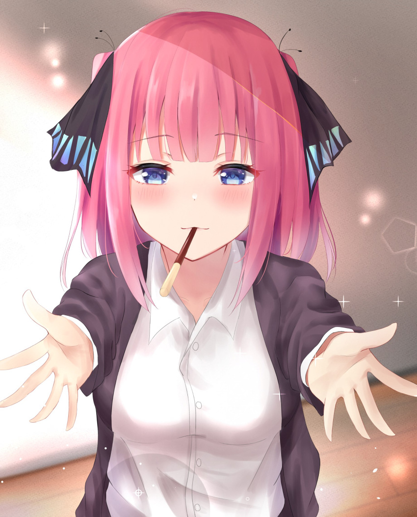 1girl bangs black_cardigan black_ribbon blue_eyes blunt_bangs blush breasts butterfly_hair_ornament cardigan food go-toubun_no_hanayome hair_ornament highres indoors large_breasts looking_at_viewer nakano_nino open_cardigan open_clothes outstretched_arms pink_hair pocky pocky_day pocky_kiss ribbon shirt twintails umineco_1 white_shirt