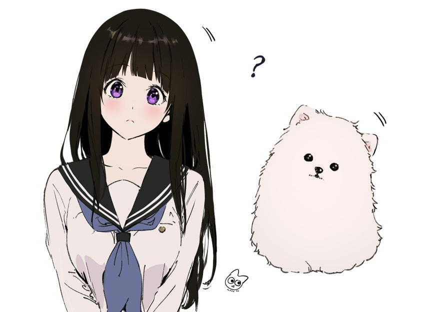 1girl ? bangs black_hair blunt_bangs blush chitanda_eru collarbone expressionless eyebrows_visible_through_hair head_tilt hyouka long_hair looking_at_viewer mery_(yangmalgage) motion_lines neckerchief out_of_frame own_hands_together pomeranian_(dog) school_uniform serafuku simple_background solo straight_hair upper_body very_long_hair violet_eyes white_background