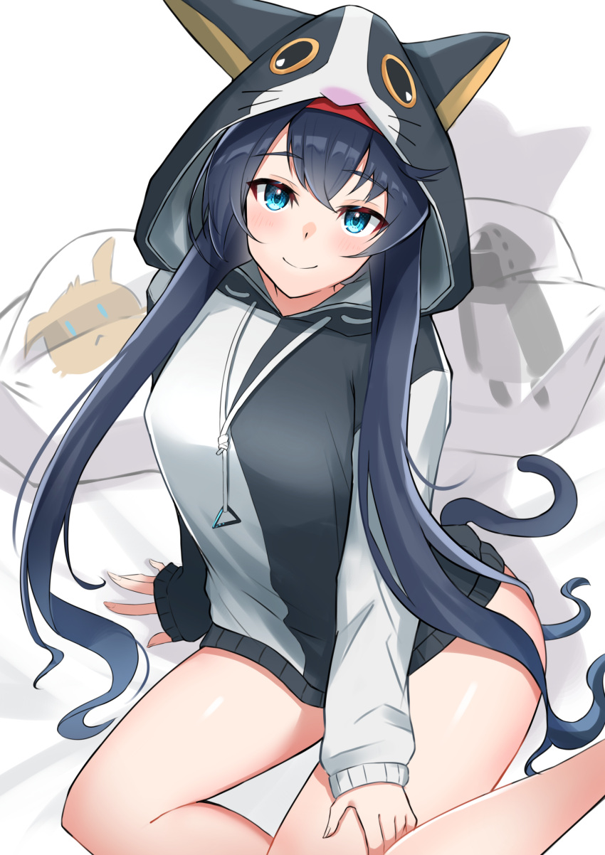 1girl absurdres animal_hood animal_print arknights bangs bare_legs black_hair blaze_(arknights) blue_eyes blush bunny_print cat_hood closed_mouth doctor_(arknights) drawstring eyebrows_visible_through_hair feet_out_of_frame hairband highres hood hood_up k@bu long_hair long_sleeves looking_at_viewer no_pants official_alternate_costume pillow red_hairband simple_background sitting sleeves_past_wrists solo twintails two-tone_hoodie very_long_hair white_background yokozuwari