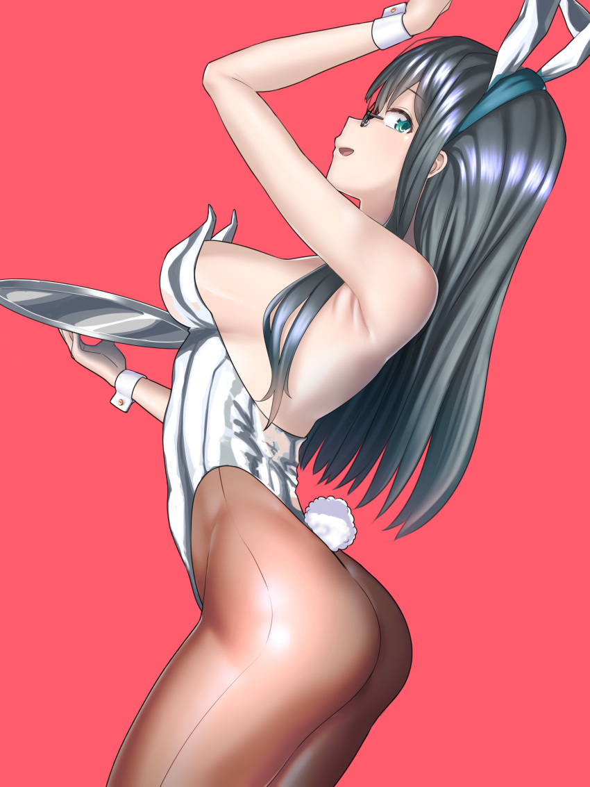 1girl absurdres animal_ears black_hair breasts brown_legwear commentary_request cowboy_shot glasses green_eyes highres kantai_collection leotard long_hair looking_at_viewer ooyodo_(kancolle) playboy_bunny profile rabbit_ears rabbit_tail red_background reizou seamed_legwear side-seamed_legwear silver_leotard simple_background small_breasts solo standing tail thong_leotard wrist_cuffs