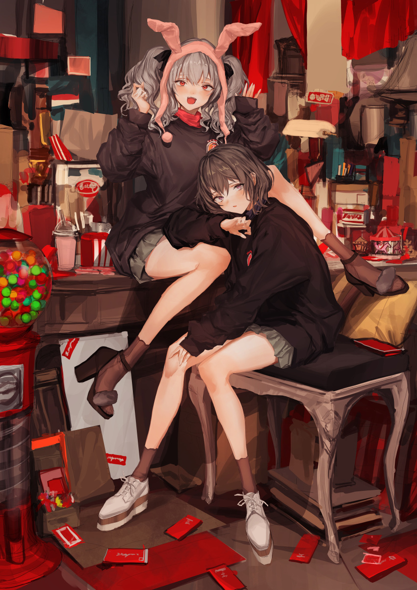 2girls :d absurdres animal_ears arm_rest between_legs black_shirt book book_stack brown_footwear brown_hair brown_legwear chair cup disposable_cup drinking_straw fake_animal_ears fang full_body grey_skirt gumball_machine hand_on_own_leg hands_up head_tilt high_heels highres ichijou_riana indoors kankunen_yua knee_up knees_together_feet_apart lavender_quartz lm7_(op-center) long_hair long_sleeves looking_at_viewer messy_room miniskirt multiple_girls on_chair on_lap on_table open_mouth parted_lips pleated_skirt puffy_sleeves rabbit_ears red_eyes shirt shoes short_hair silver_hair sitting skirt sleeves_past_wrists smile sneakers socks strappy_heels sweatshirt table turtleneck twintails violet_eyes wavy_hair white_footwear
