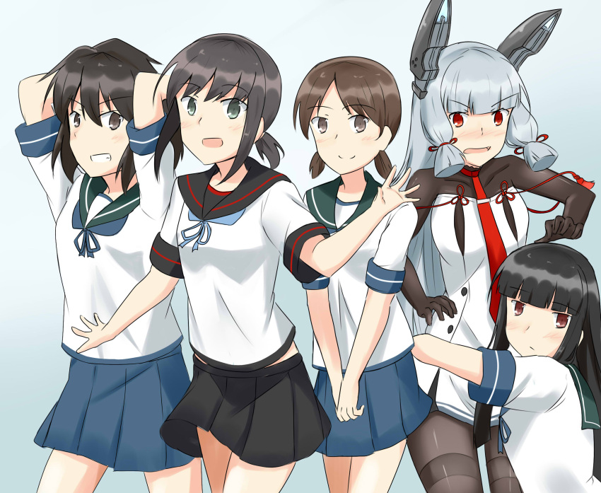 5girls adapted_costume bangs black_hair blunt_bangs blush breasts brown_hair collarbone dress fang fubuki_(kancolle) hatsuyuki_(kancolle) highres kantai_collection long_hair medium_breasts medium_hair miyuki_(kancolle) multiple_girls murakumo_(kancolle) neckerchief necktie pantyhose pleated_skirt sailor_collar school_uniform serafuku shirayuki_(kancolle) short_hair short_sleeves sidelocks silver_hair simple_background skirt strapless strapless_dress subaru_izumi thighband_pantyhose undershirt very_long_hair