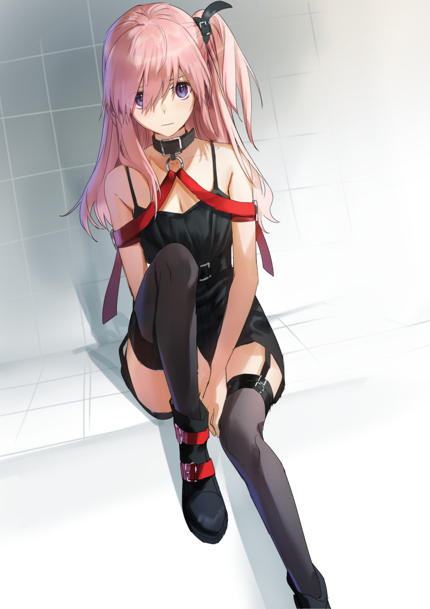 1girl absurdres bare_arms bare_shoulders belt between_legs black_choker black_dress black_legwear boots breasts choker closed_mouth convenient_arm dress hieung highres knee_up long_hair looking_at_viewer one_side_up original pink_hair short_dress sitting sleeveless sleeveless_dress small_breasts solo spaghetti_strap thigh-highs violet_eyes