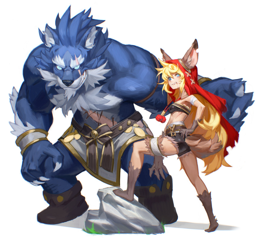 1boy 1girl animal_ears ass bandages bare_shoulders belt big_bad_wolf black_bow blonde_hair blood blood_from_mouth blood_on_face blue_eyes blue_skin bow breasts claws colored_skin full_body grey_background grin highres little_red_riding_hood little_red_riding_hood_(grimm) long_hair medium_breasts rock shorts simple_background sisiyong smile standing tail teeth upper_teeth werewolf wolf_ears wolf_tail