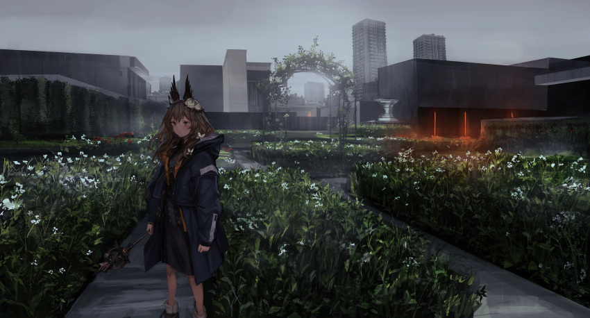 1girl absurdres animal_ears arch arms_at_sides bangs bare_legs black_dress black_jacket brown_eyes brown_hair building city dress expressionless flower garden grey_sky hair_flower hair_ornament hair_over_shoulder hedge highres holding holding_wand hood jacket lavender_quartz lm7_(op-center) long_hair long_sleeves looking_away outdoors plant red_flower scenery shoes sidelocks skyscraper solo standing statue torabishi_lana wand white_flower