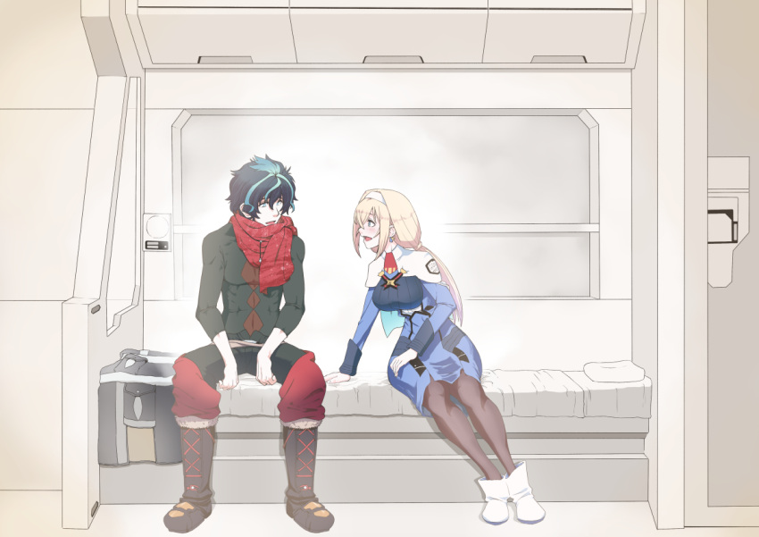 1boy 1girl ao-yume black_hair blonde_hair blue_dress boots capelet dress edge_sainklaus jacket jacket_removed long_hair low_twintails mitsuba_greyvalley multicolored_hair on_bed pantyhose scarf sitting streaked_hair super_robot_wars super_robot_wars_30 twintails