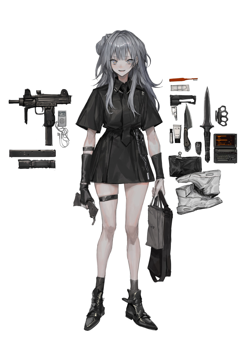 1girl absurdres bag brass_knuckles digital_media_player equipment_layout flashlight grey_eyes gun highres holding holding_bag ipod knife lm7_(op-center) machine_pistol magazine_(weapon) mini_uzi necktie original shoes silver_hair smile submachine_gun thigh_strap thighs toothbrush weapon white_background