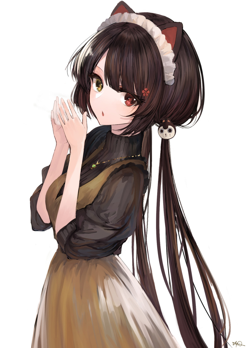1girl absurdres animal_ears bangs black_hair black_sweater boots breasts brown_dress brown_eyes commentary_request dog_ears dog_girl dog_hair_ornament dog_tail dress eyebrows_visible_through_hair hair_ornament hands_up heterochromia highres inui_toko jazztaki jewelry long_hair looking_at_viewer low_twintails maid_headdress medium_breasts necklace nijisanji parted_lips puffy_short_sleeves puffy_sleeves red_eyes ribbed_sweater short_sleeves signature simple_background sleeveless sleeveless_dress solo sweater tail turtleneck turtleneck_sweater twintails very_long_hair virtual_youtuber white_background