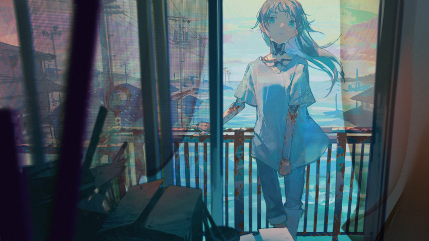 1girl aamond absurdres android blue_eyes blue_shirt blurry blurry_foreground building curtains denim grey_hair highres jeans joints long_hair looking_at_viewer original pants parted_lips power_lines rain robot_joints shirt short_sleeves solo standing t-shirt utility_pole window