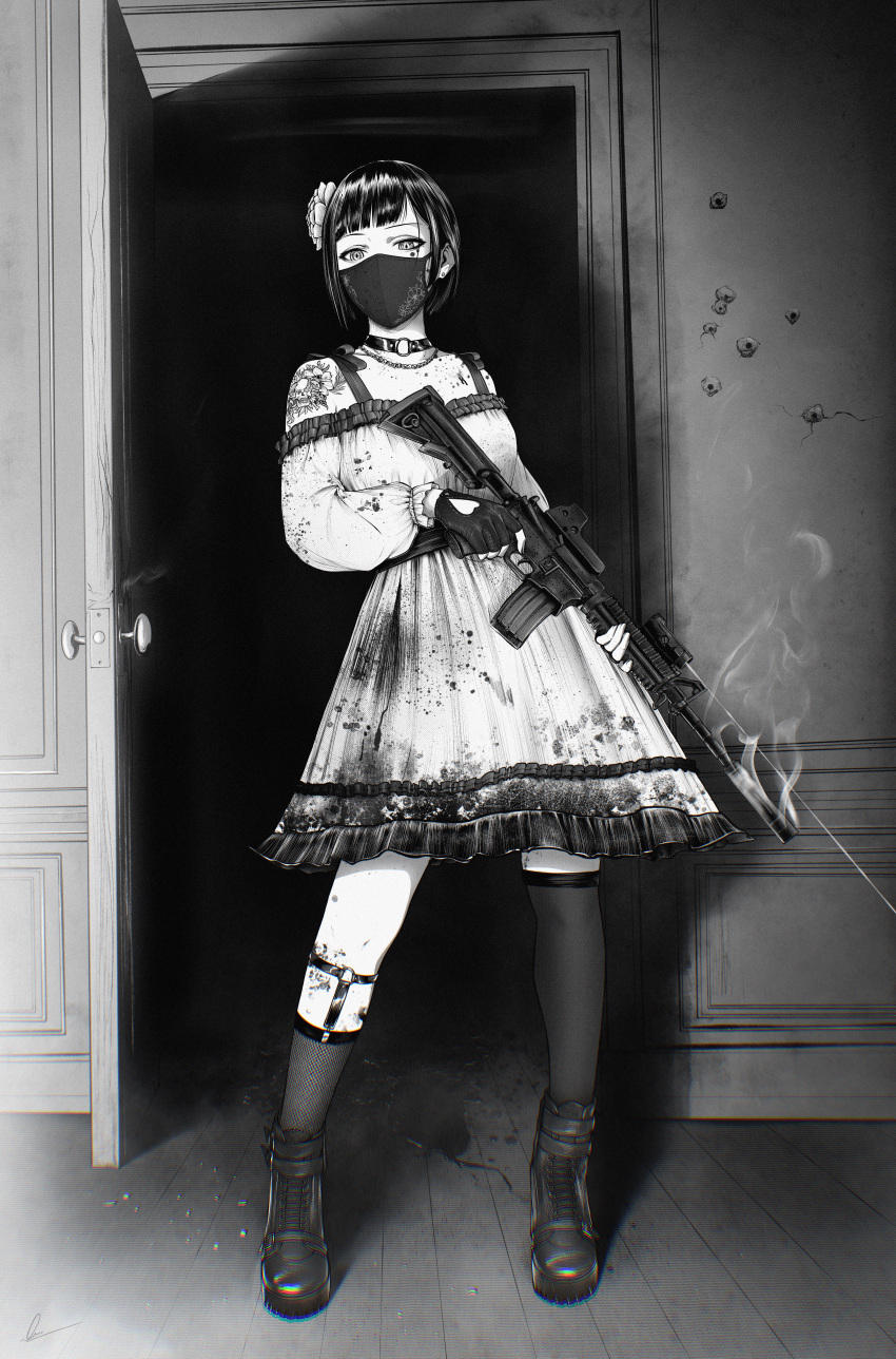 1girl absurdres asymmetrical_legwear bare_shoulders blood blood_on_clothes blood_on_dress choker clothing_cutout commentary door dress english_commentary frilled_dress frills gloves gun heart_cutout highres holding holding_gun holding_weapon indoors kneehighs looking_at_viewer marvin_(omarvin) mask mole mole_under_eye mouth_mask o-ring o-ring_choker off-shoulder_dress off_shoulder open_door original over-kneehighs shiny shiny_hair shoes short_hair solo standing thigh-highs weapon weapon_request