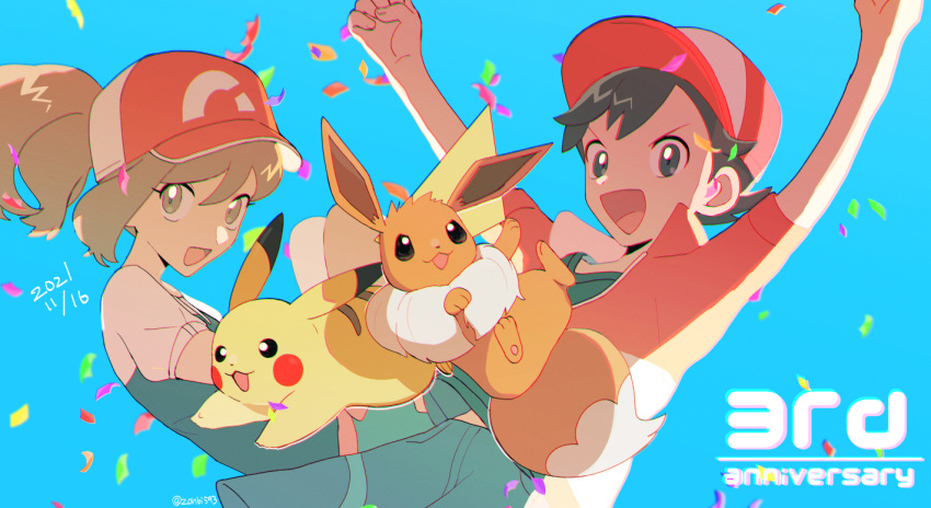 1boy 1girl :d arms_up bangs baseball_cap black_hair blue_background chase_(pokemon) commentary_request confetti dated eevee elaine_(pokemon) eyelashes hat looking_at_viewer open_mouth pikachu pokemon pokemon_(creature) pokemon_(game) pokemon_lgpe red_headwear shirt short_hair short_sleeves shorts simple_background smile tongue white_shirt zonbi4771