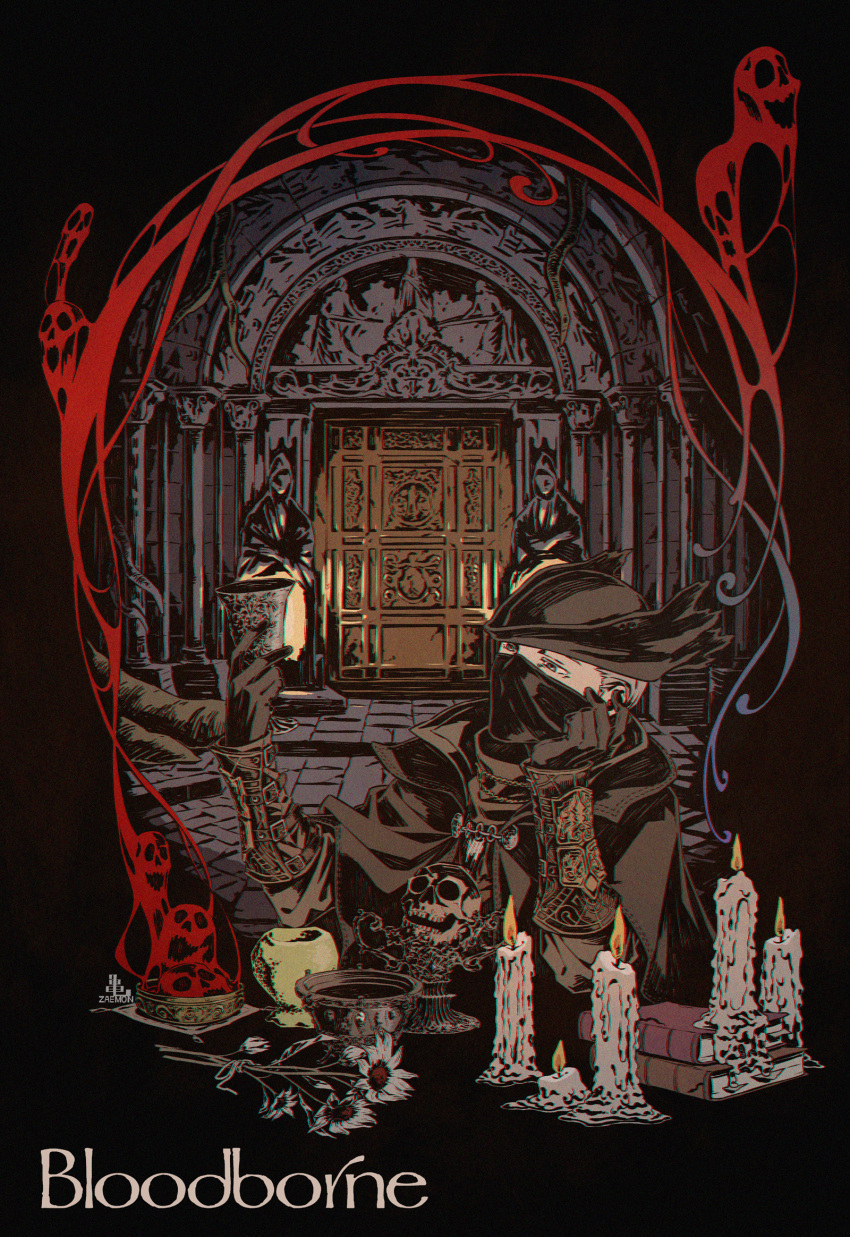 1boy bloodborne book brown_gloves candle coat commentary_request cup door fire flame flower gloves grey_hair hand_up hat highres holding hunter_(bloodborne) kamezaemon mask mouth_mask short_hair skull statue tricorne weapon