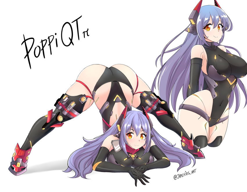 1girl absurdres ass bare_shoulders boots breast_press breasts elbow_gloves gloves headgear highres jarckius large_breasts leotard long_hair looking_at_viewer orange_eyes poppi_(xenoblade) poppi_qtpi_(xenoblade) purple_hair shiny shiny_clothes shiny_hair shiny_skin smile solo thigh-highs top-down_bottom-up very_long_hair xenoblade_chronicles_(series) xenoblade_chronicles_2