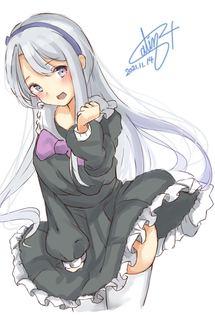 1girl asymmetrical_bangs bangs black_dress blue_hairband commentary_request cowboy_shot dress frilled_dress frills hairband highres kantai_collection long_hair one-hour_drawing_challenge pen_chou sagiri_(kancolle) sailor_collar simple_background solo swept_bangs thigh-highs violet_eyes white_background white_legwear