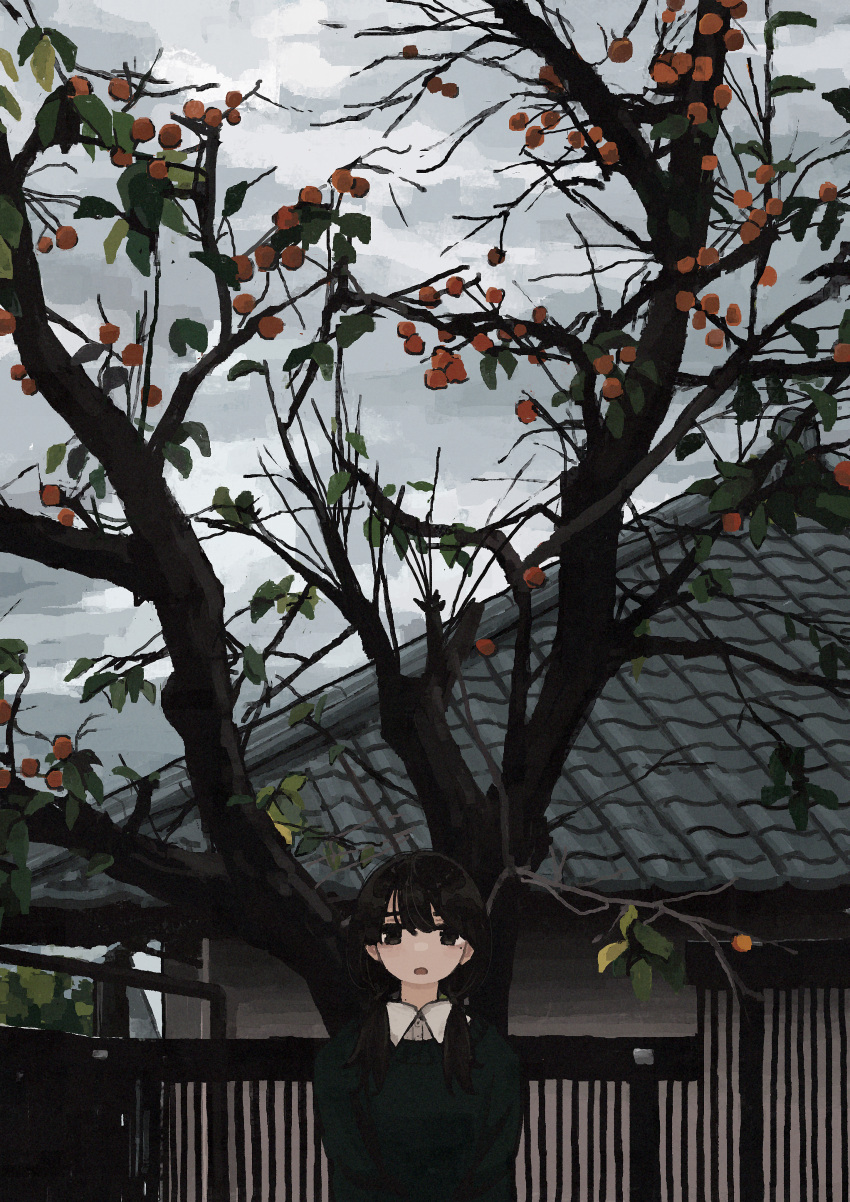 1girl absurdres backpack bag bangs black_hair brown_eyes building clouds cloudy_sky collared_shirt dress_shirt fence food fruit green_shirt highres long_hair long_sleeves looking_at_viewer open_mouth original outdoors persimmon scenery shirt sky solo tree twintails uniunimikan white_shirt