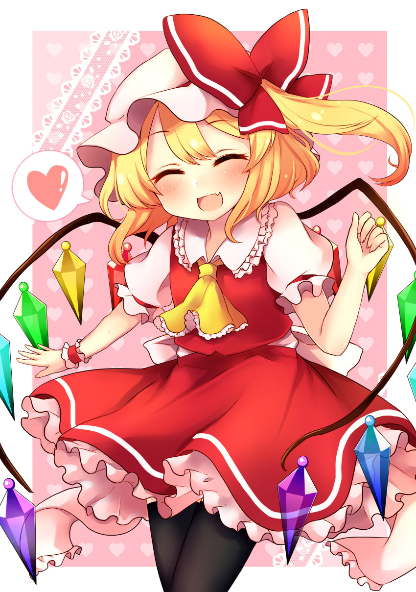 1girl absurdres arm_up ascot bangs black_legwear blonde_hair blush bow closed_eyes commentary_request crystal eyebrows_visible_through_hair eyelashes fang flandre_scarlet frilled_shirt_collar frilled_skirt frilled_sleeves frills hat hat_bow heart highres mob_cap multicolored_wings one_side_up open_mouth pink_background red_skirt red_vest ruhika sash side_ponytail simple_background skirt solo spoken_heart standing thigh-highs tongue touhou upper_body vest wings wrist_cuffs zettai_ryouiki