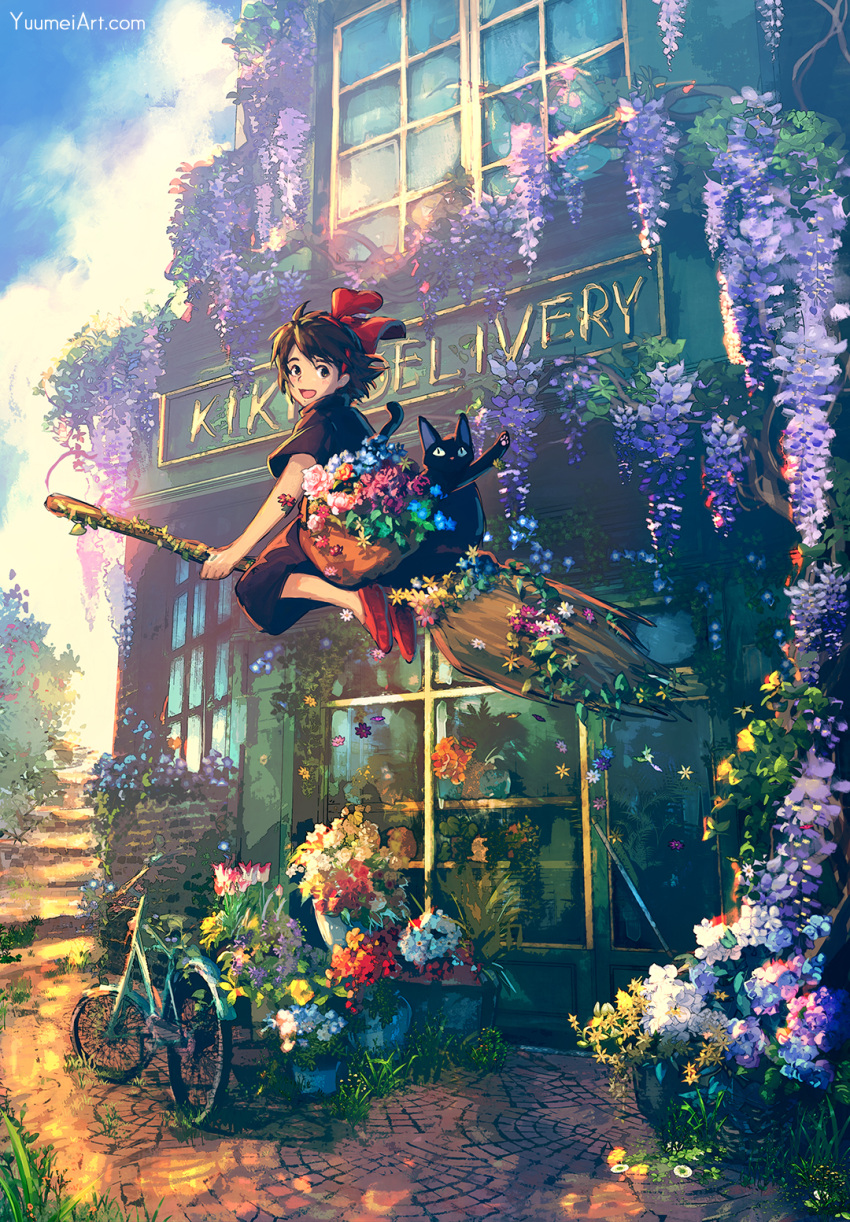 1girl basket bicycle black_cat black_dress black_eyes black_hair blue_sky brick_road broom broom_riding cat clouds commentary dress english_commentary flower flower_shop ground_vehicle highres jiji_(majo_no_takkyuubin) kiki majo_no_takkyuubin open_mouth purple_flower red_flower red_footwear red_ribbon ribbon shop sky smile watermark web_address white_flower witch yellow_flower yuumei