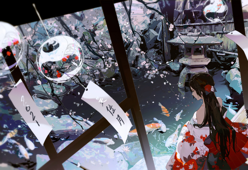 1girl bare_shoulders black_eyes black_hair breasts cherry_blossoms closed_mouth fish flower hair_flower hair_ornament highres japanese_clothes kimono koi long_hair long_sleeves original solo standing wide_sleeves wind_chime yueko_(jiayue_wu)