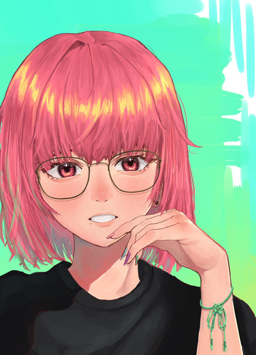 1girl absurdres bangs black_shirt blush commentary earrings english_commentary eungi glasses green_background green_nails hand_up highres jewelry medium_hair mismatched_nail_polish original pink_eyes pink_hair pink_nails portrait purple_nails shiny shiny_hair shirt solo teeth