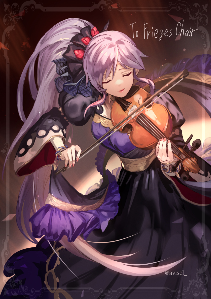 1girl alternate_costume artist_name closed_eyes commission commissioner_upload dress fire_emblem fire_emblem:_genealogy_of_the_holy_war fire_emblem_heroes hair_ornament hair_ribbon highres instrument ishtar_(fire_emblem) long_hair long_sleeves music phima playing_instrument purple_hair ribbon skeb_commission smile violin watermark