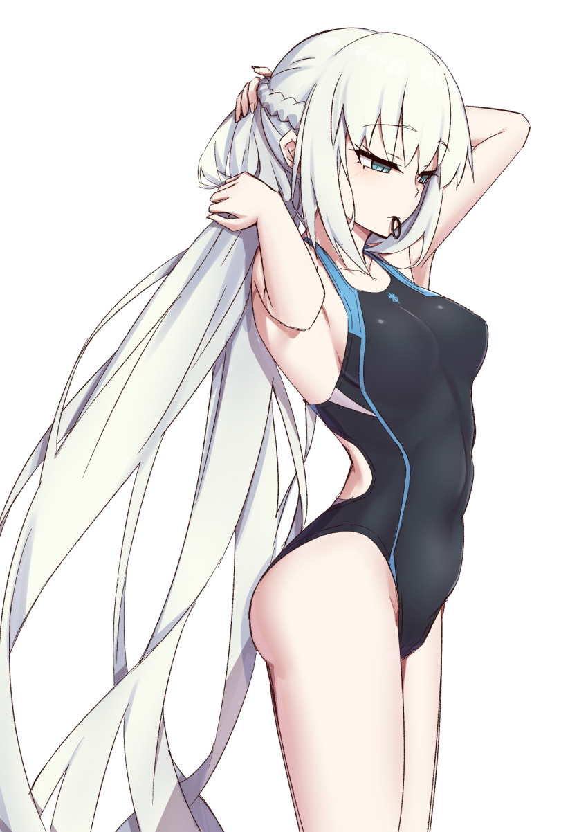 1girl armpits arms_behind_head arms_up bangs black_swimsuit blue_eyes blush braid breasts commentary covered_navel elfenlied22 fate/grand_order fate_(series) french_braid grey_hair highleg highleg_swimsuit highres large_breasts long_hair morgan_le_fay_(fate) one-piece_swimsuit ponytail sidelocks solo swimsuit thighs tying_hair very_long_hair